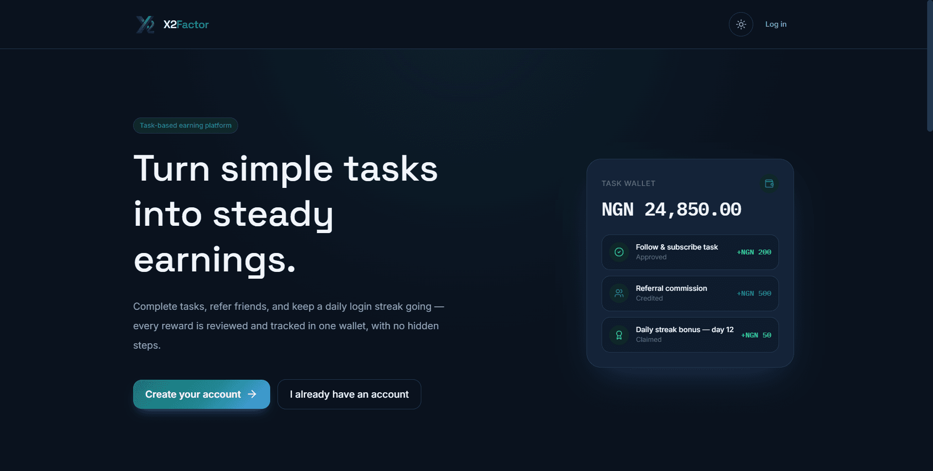 X2Factor — Task-Based Earning Platform built by Zephra Studio